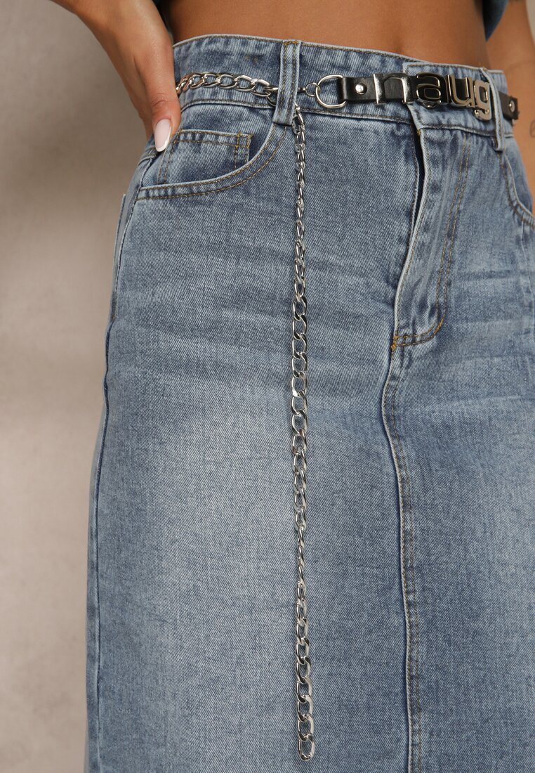 by may Fustă Denim Bleumarin din Bumbac cu Lanț Lilurea