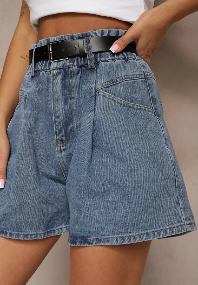 by may Pantaloni scurți de blugi albaștri cu elastic în talie și curea decorate cu cusături Alanissa