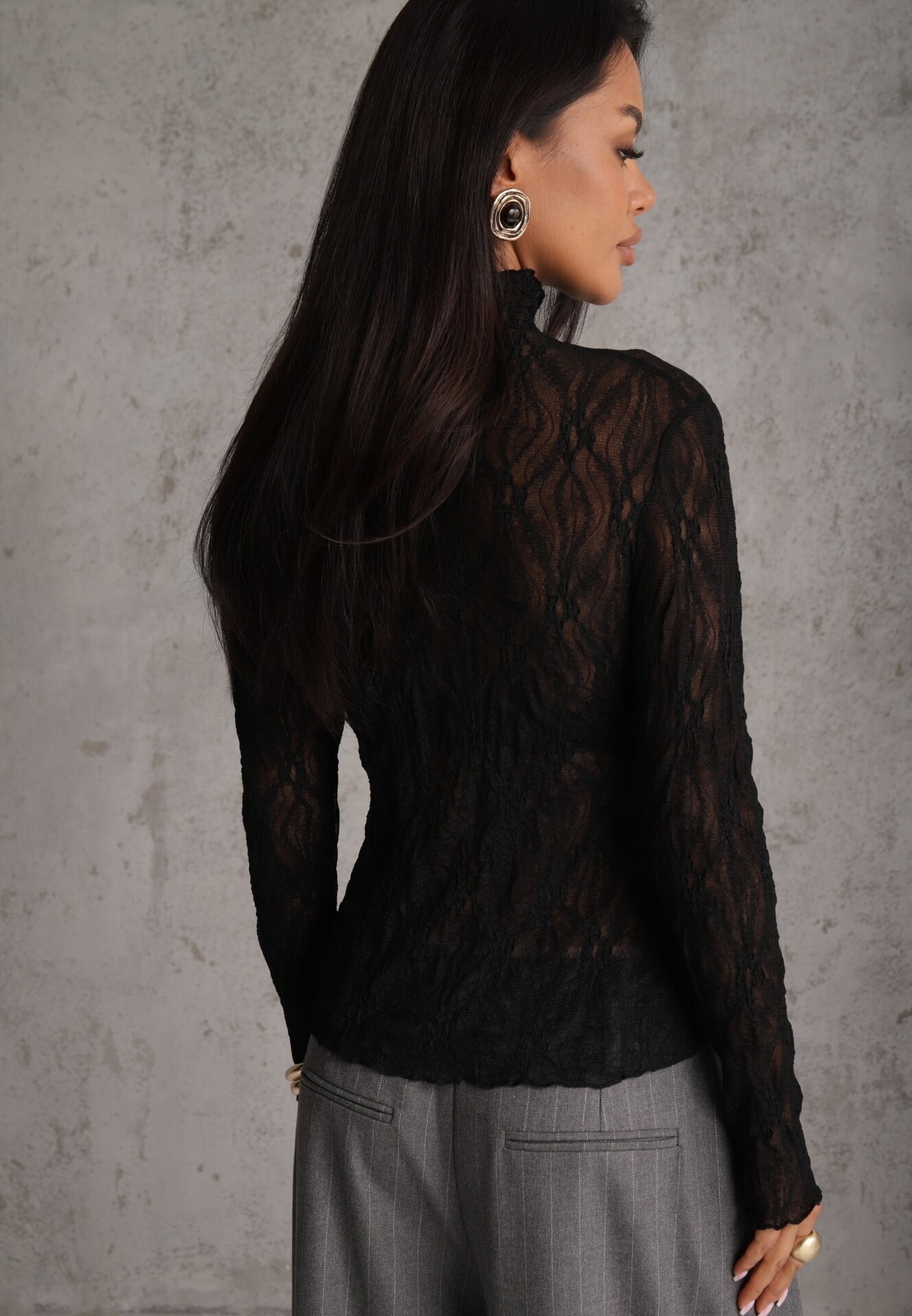 by swan Bluză longsleeve din plasă din dantelă cu adaos de viscoză Pirina Neagră