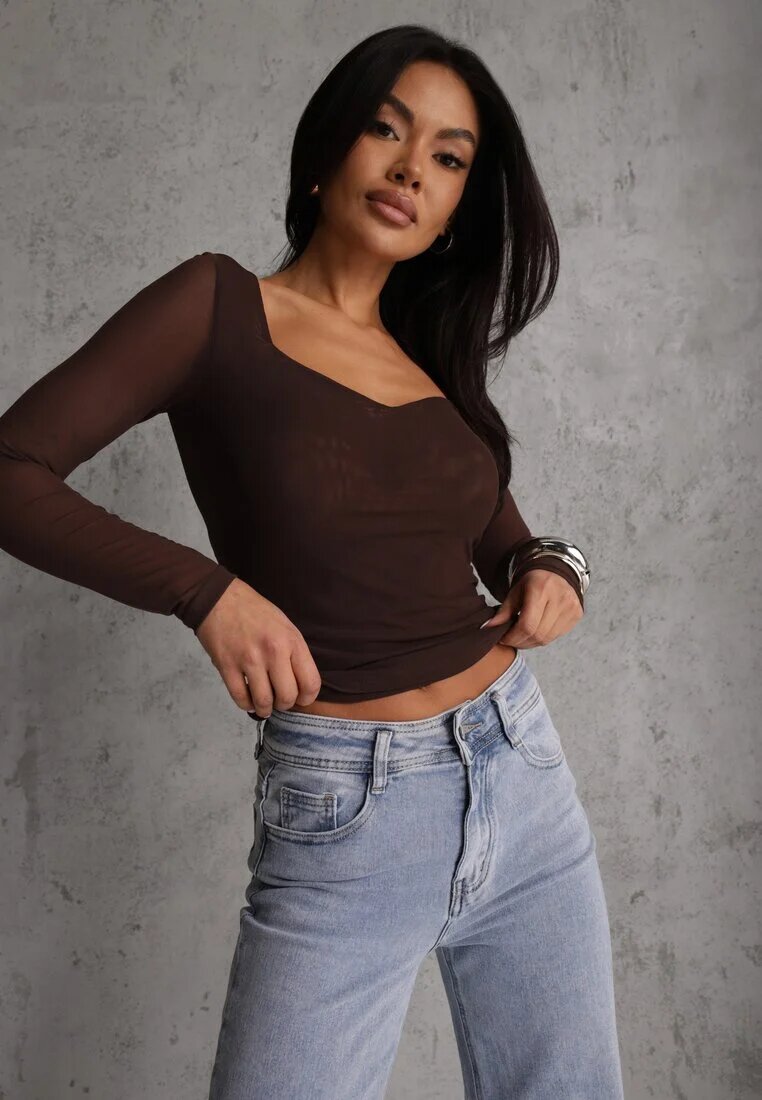 by swan Bluză Maro închisă Longsleeve din plasă cu viscoză cu decolteu inimă Elinevia