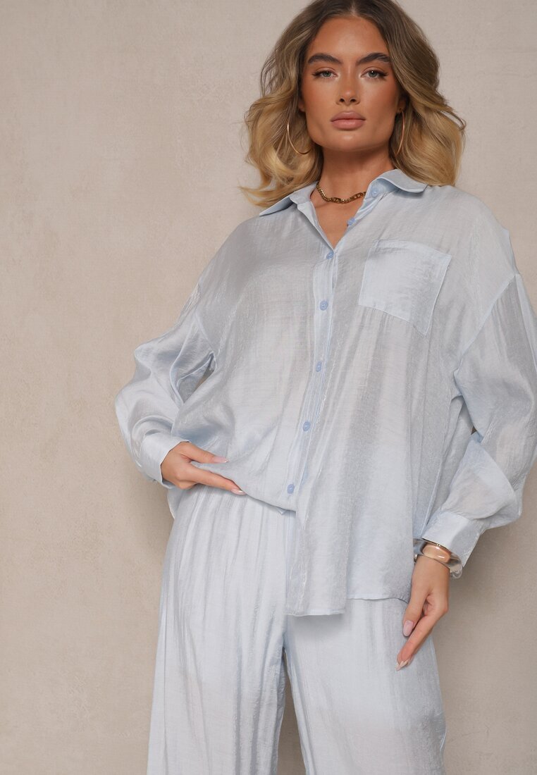 by swan Cămașă albastră deschisă Oversize în Stil Clasic cu Buzunar Liozira