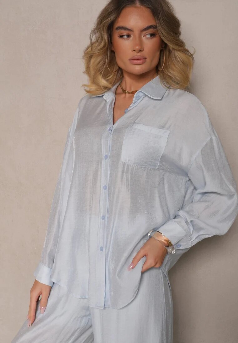 by swan Cămașă albastră deschisă Oversize în Stil Clasic cu Buzunar Liozira