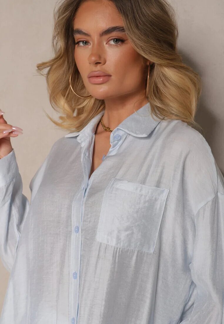 by swan Cămașă albastră deschisă Oversize în Stil Clasic cu Buzunar Liozira