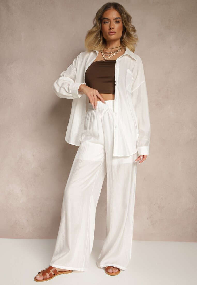 by swan Pantaloni Albi Palazzo cu Talie Înaltă Picior Larg și Elastic în Talie Jenarielis