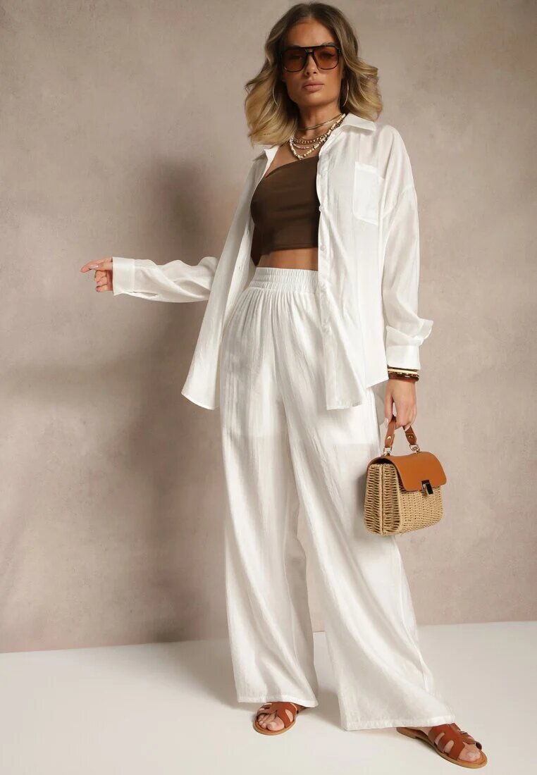 by swan Pantaloni Albi Palazzo cu Talie Înaltă Picior Larg și Elastic în Talie Jenarielis