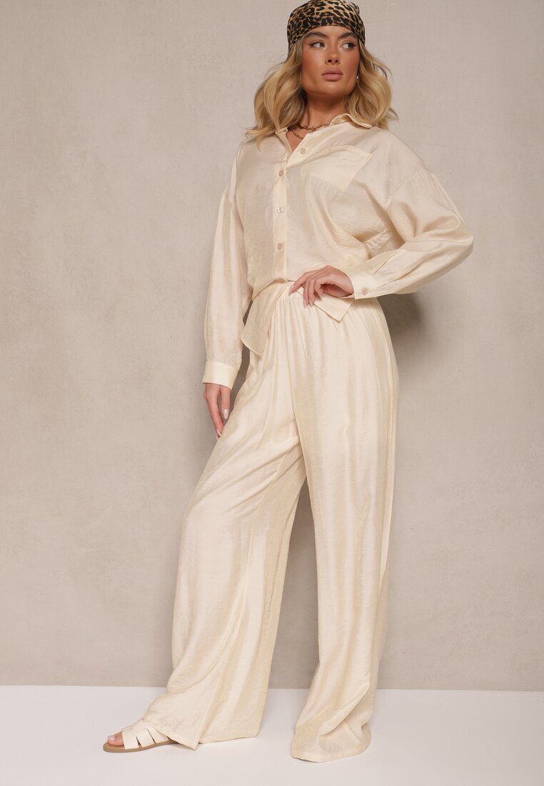by swan Pantaloni Bej deschis Palazzo Talie înaltă cu picior larg și elastic în talie Jenarielis