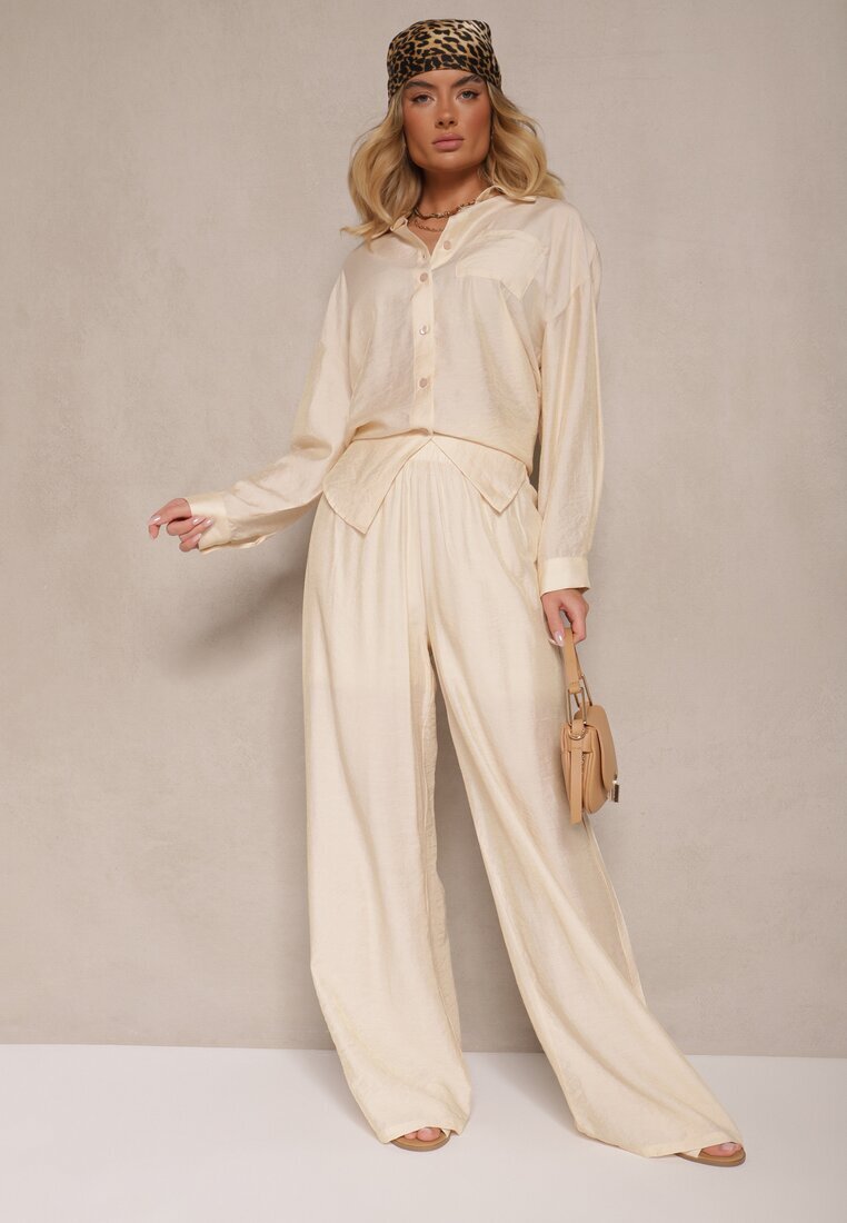 by swan Pantaloni Bej deschis Palazzo Talie înaltă cu picior larg și elastic în talie Jenarielis
