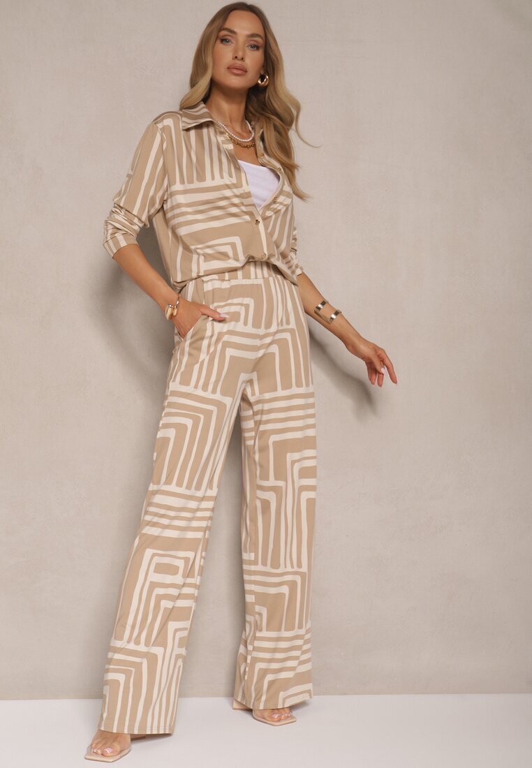 by swan Pantaloni Bej din Vâscoză cu Croială Largă Decorați cu Model Geometric Adiriva
