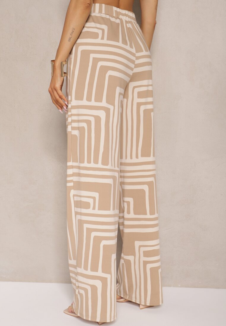 by swan Pantaloni Bej din Vâscoză cu Croială Largă Decorați cu Model Geometric Adiriva