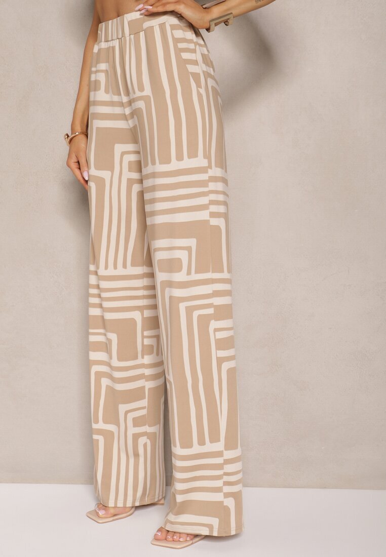 by swan Pantaloni Bej din Vâscoză cu Croială Largă Decorați cu Model Geometric Adiriva