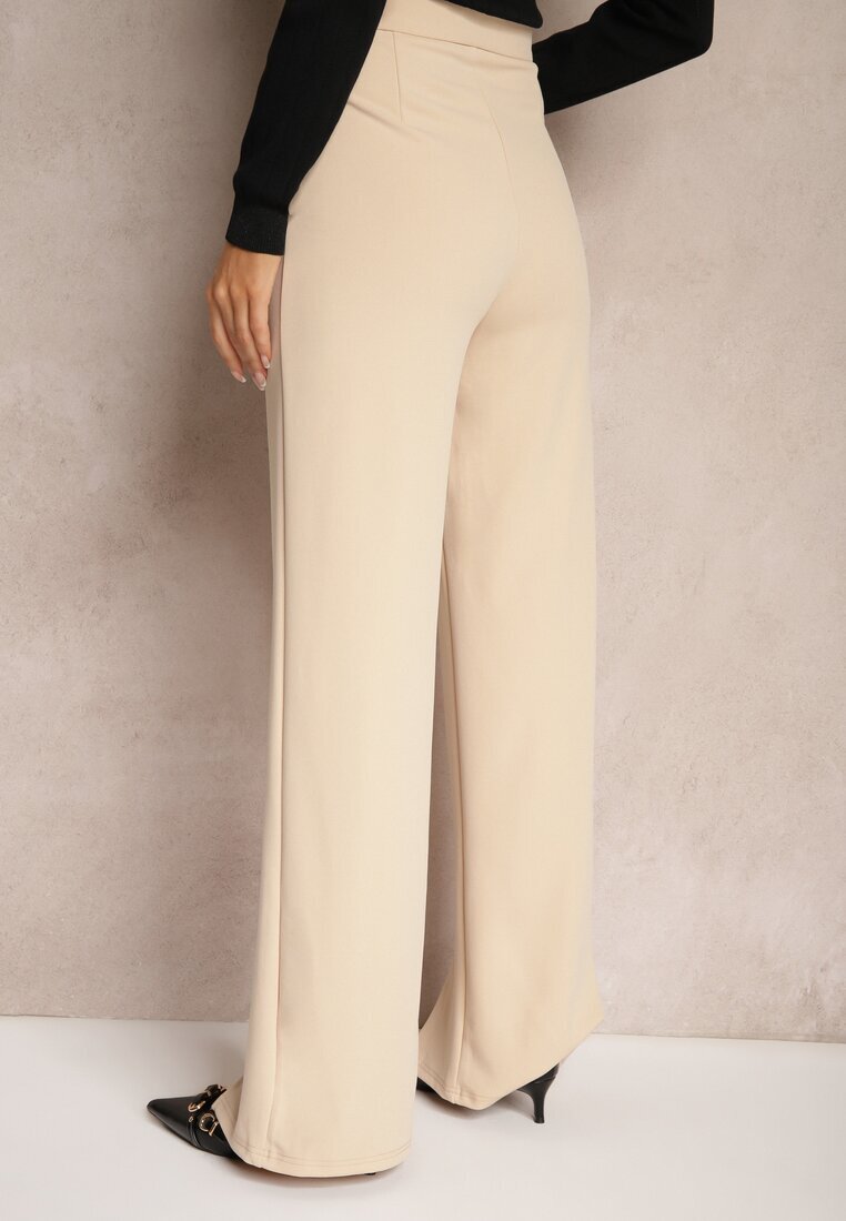 by swan Pantaloni eleganți bej talie înaltă cu croială largă din vâscoză și fante Yurlea