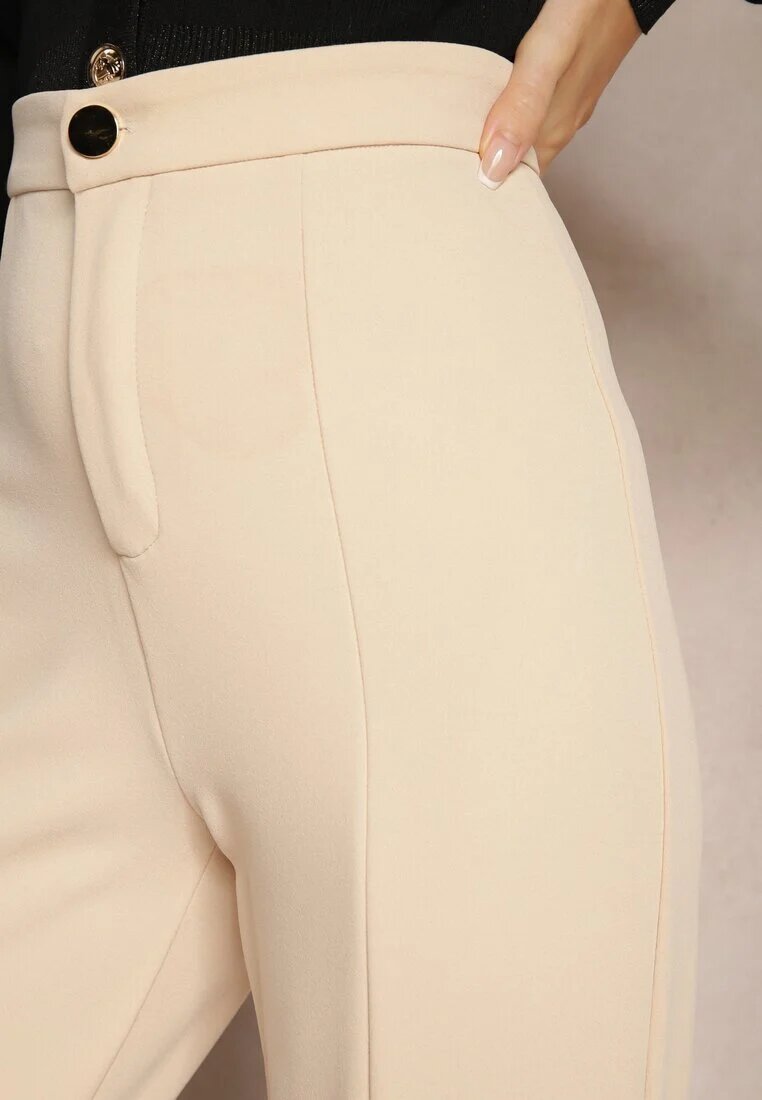 by swan Pantaloni eleganți bej talie înaltă cu croială largă din vâscoză și fante Yurlea