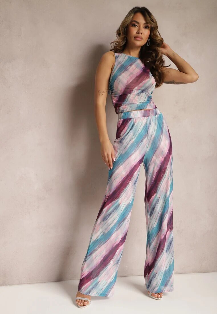 by swan Pantaloni Largi Albastru-Violet Plasă Talie Înaltă Mandiore