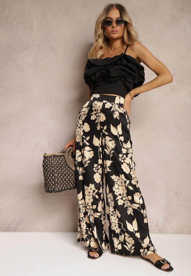 by swan Pantaloni Palazzo Largi Negru-Bej cu elastic în talie și talie înaltă Dimianna