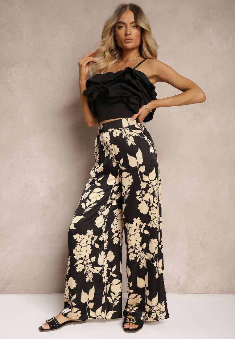 by swan Pantaloni Palazzo Largi Negru-Bej cu elastic în talie și talie înaltă Dimianna
