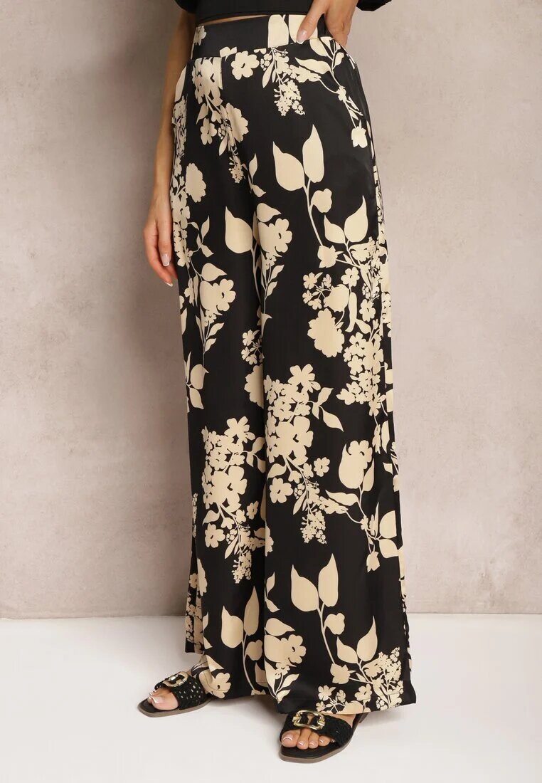 by swan Pantaloni Palazzo Largi Negru-Bej cu elastic în talie și talie înaltă Dimianna