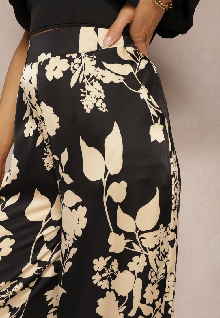 by swan Pantaloni Palazzo Largi Negru-Bej cu elastic în talie și talie înaltă Dimianna