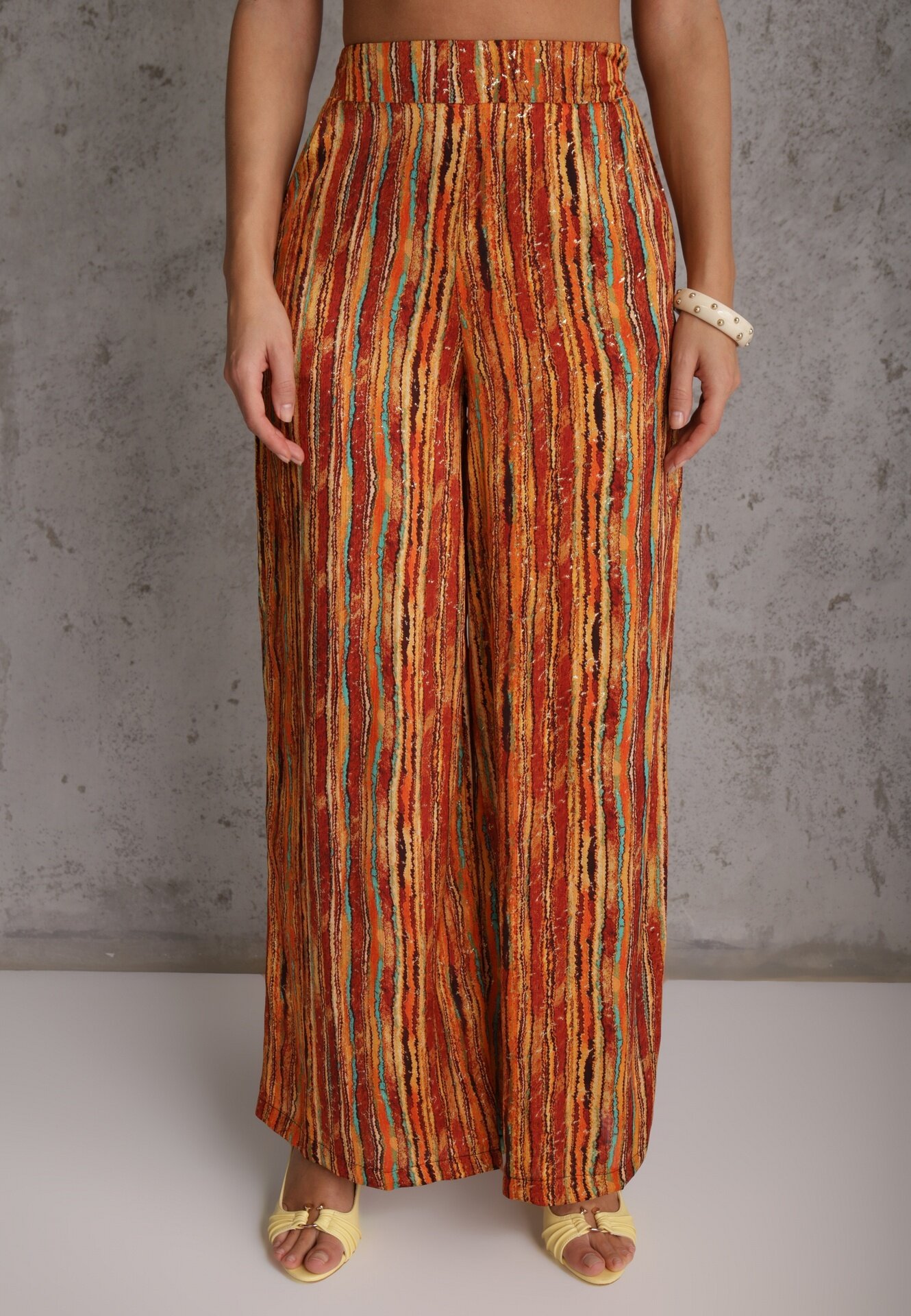 by swan Pantaloni Portocalii-Galbeni Stil Palazzo Decorați cu Sclipici cu Elastic în Talie Hinlea