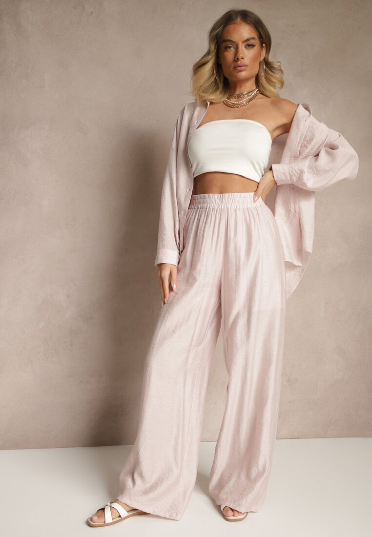 by swan Pantaloni roz deschis Palazzo cu talie înaltă și picior larg și talie elastică Jenarielis