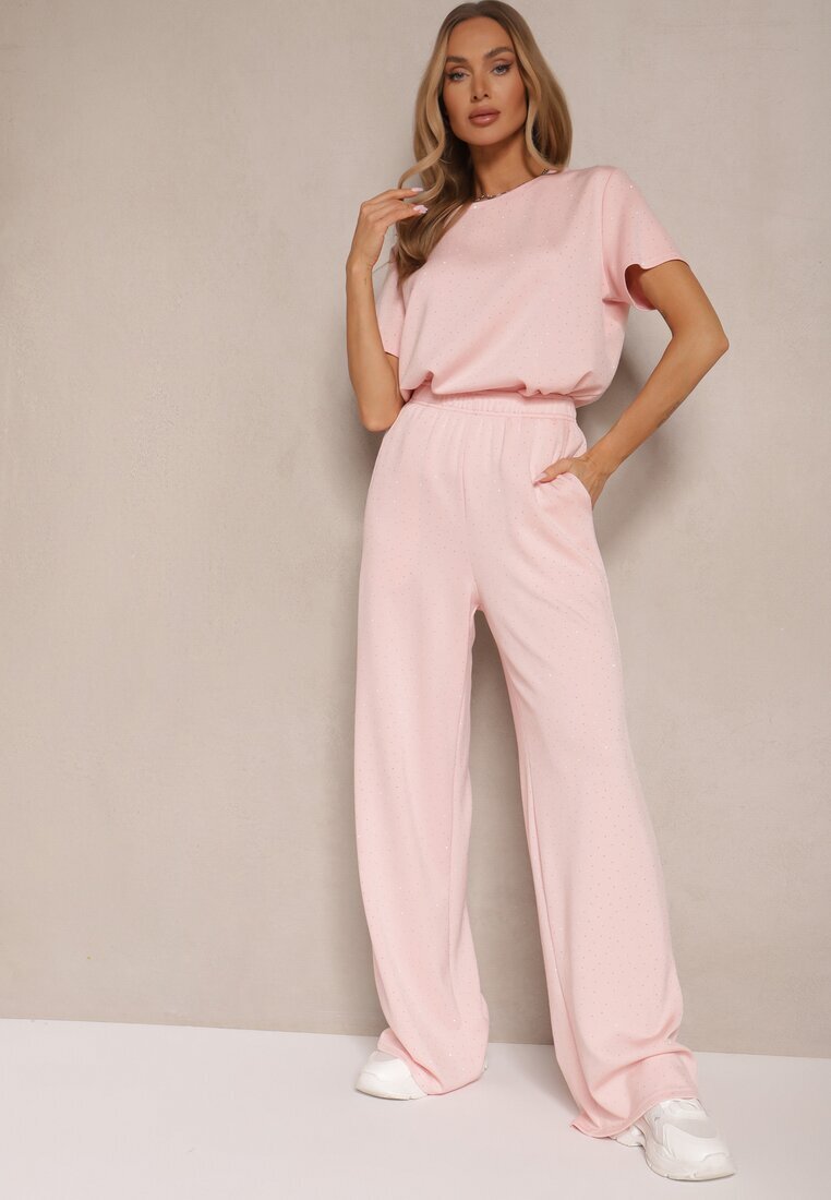 by swan Pantaloni roz din viscoză cu croială largă cu zirconii Zeleria