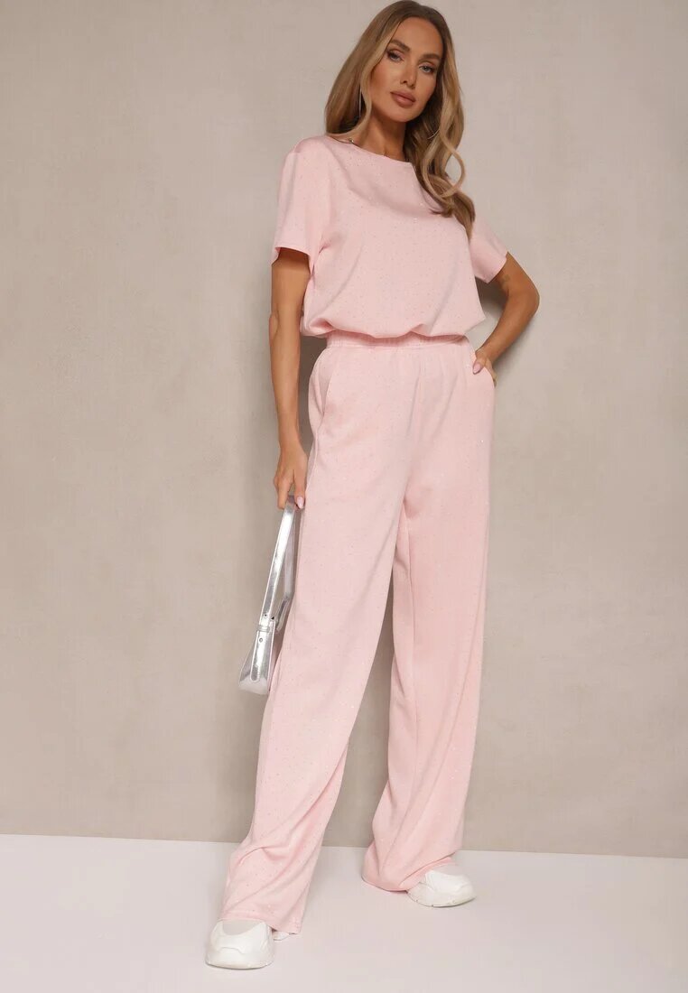 by swan Pantaloni roz din viscoză cu croială largă cu zirconii Zeleria