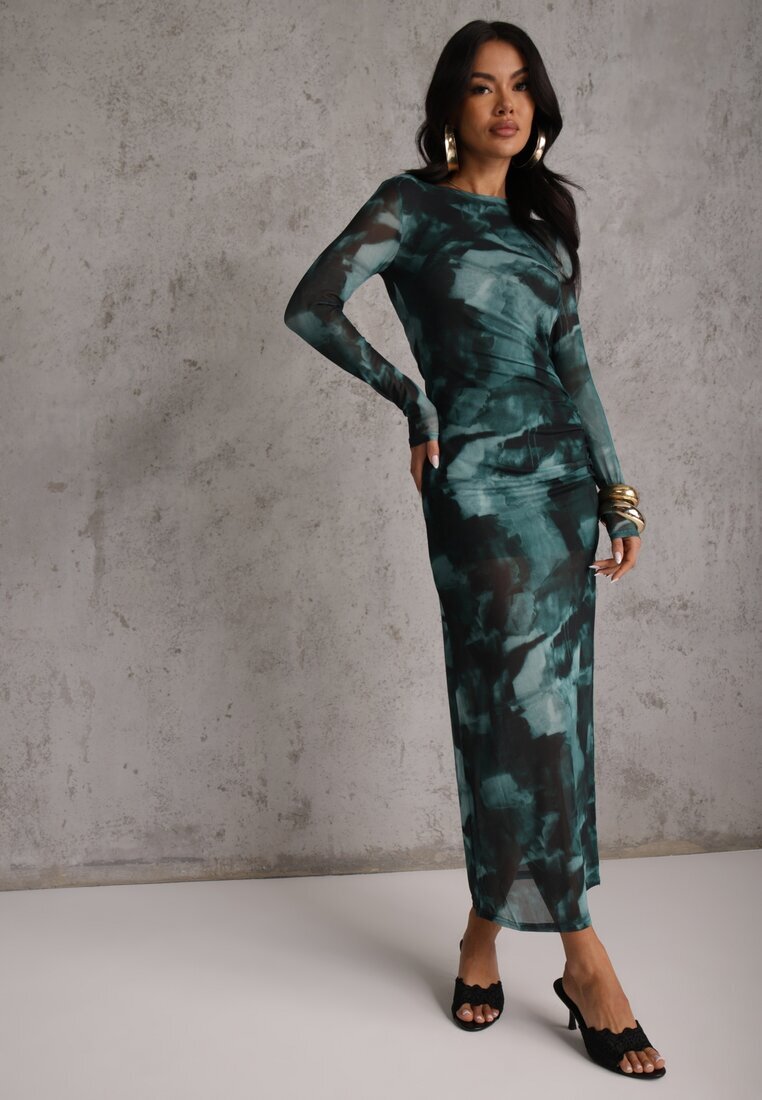 by swan Rochie Ajustată Verde Din Plasa Maxi Cu Crăpătură și Drapaje Soininen