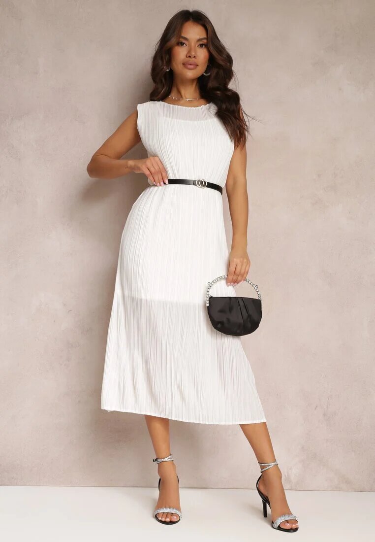 by swan Rochie Albă tip cutie Midi din țesătură plisată cu curea cu cataramă Lanaia