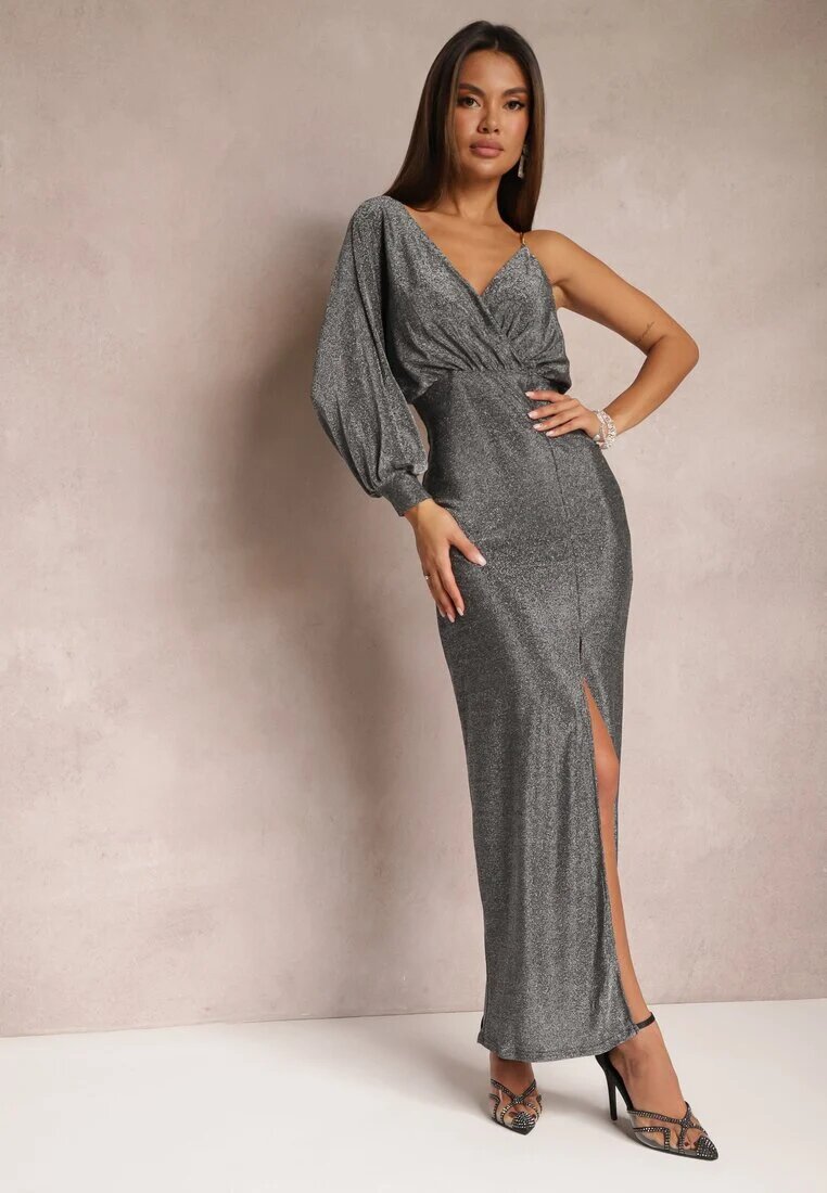 by swan Rochie Argintie Strălucitoare Maxi cu Croială Asimetrică cu Decolteu Triunghiular și Crapatură Imisnna