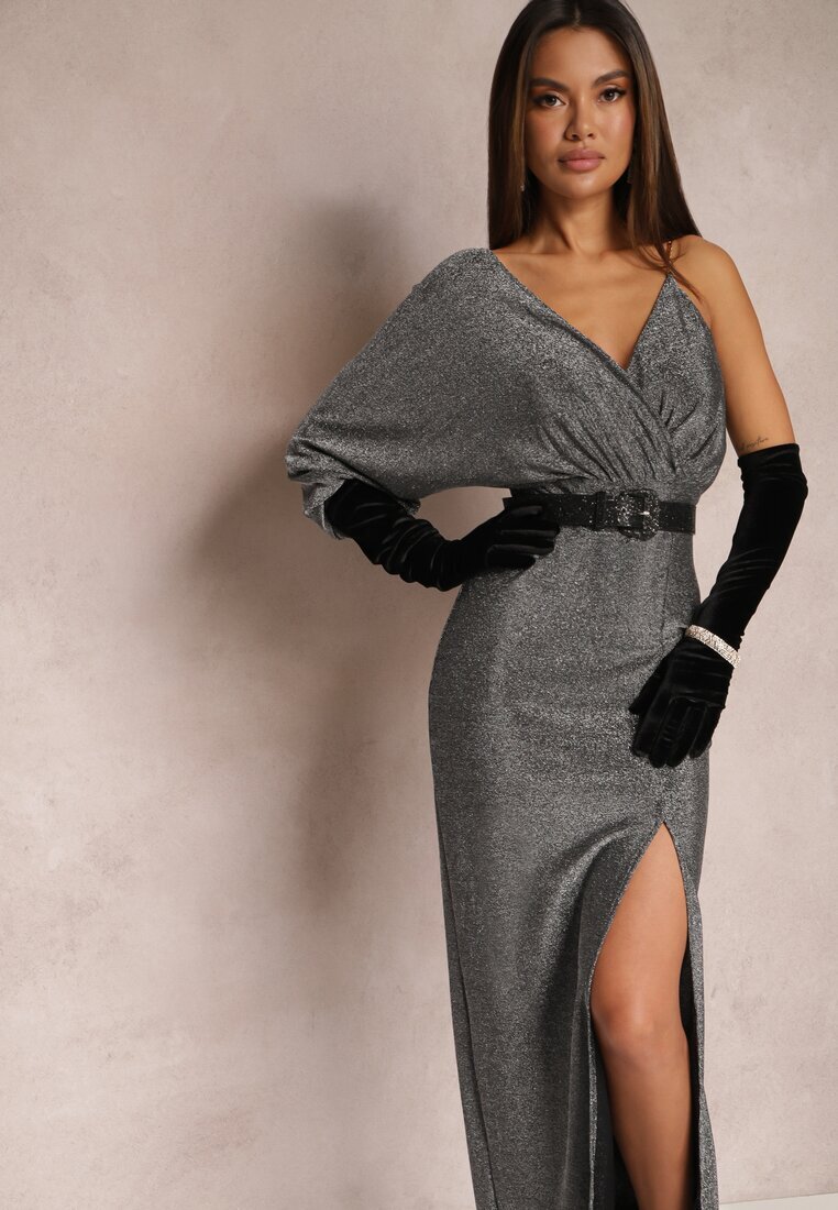 by swan Rochie Argintie Strălucitoare Maxi cu Croială Asimetrică cu Decolteu Triunghiular și Crapatură Imisnna