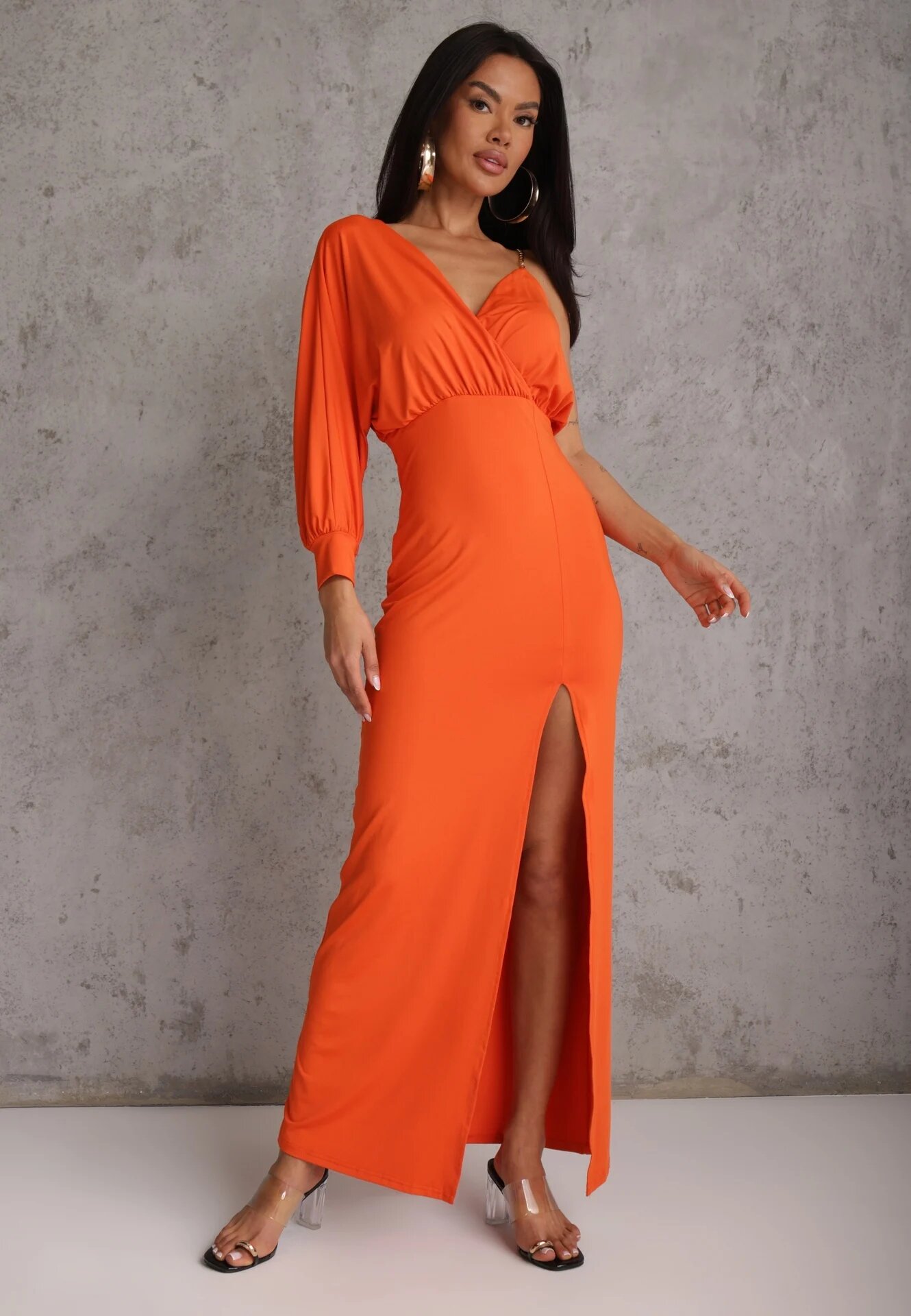 by swan Rochie Asimetrică Portocalie cu Elastic în Talie și Lanț la Umăr Jisse