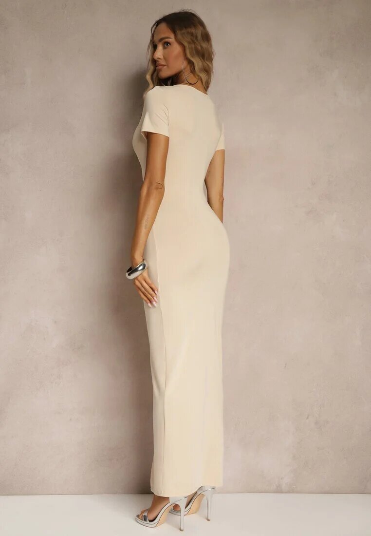 by swan Rochie Bej deschis din Viscoză Decorată cu încrețituri și Fentă pe Picior Milanorea