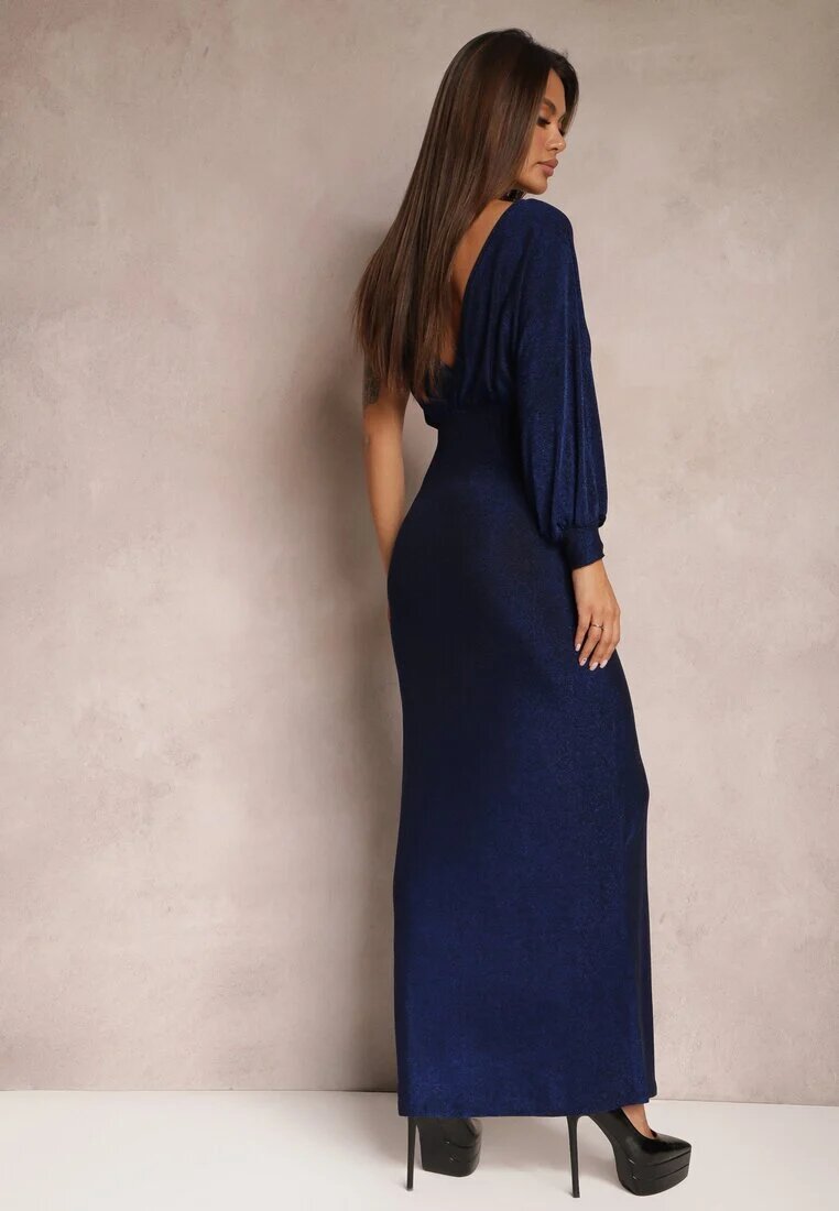 by swan Rochie Bleumarin Strălucitoare Maxi cu croială asimetrică decolteu triunghiular și crăpătură Imisnna