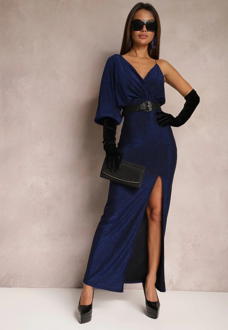 by swan Rochie Bleumarin Strălucitoare Maxi cu croială asimetrică decolteu triunghiular și crăpătură Imisnna