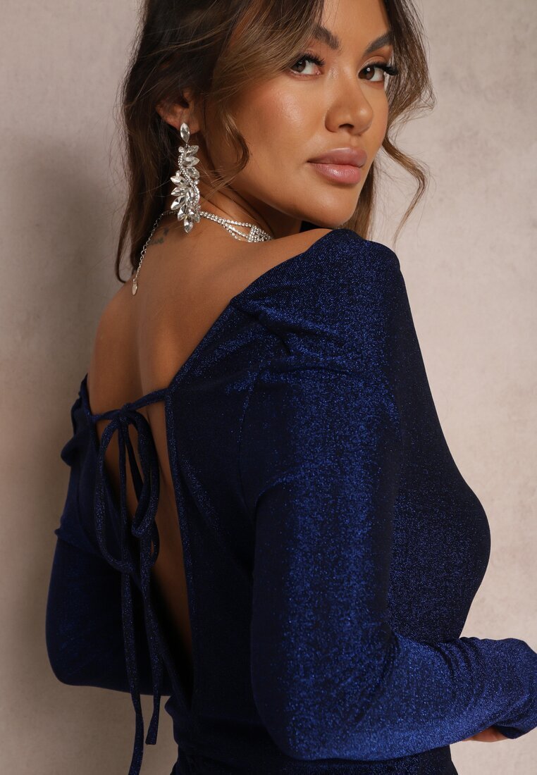 by swan Rochie Bleumarin Strălucitoare Midi cu Spatele Gol Nedastia