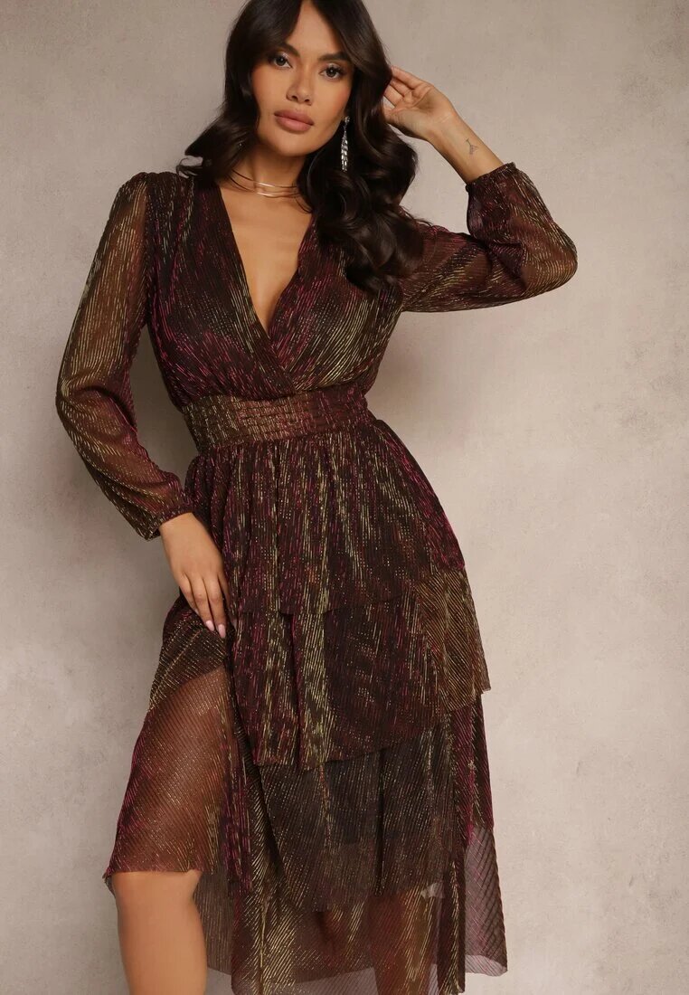 by swan Rochie Bordeaux Strălucitoare cu Volane și Mânecă Transparentă Halose