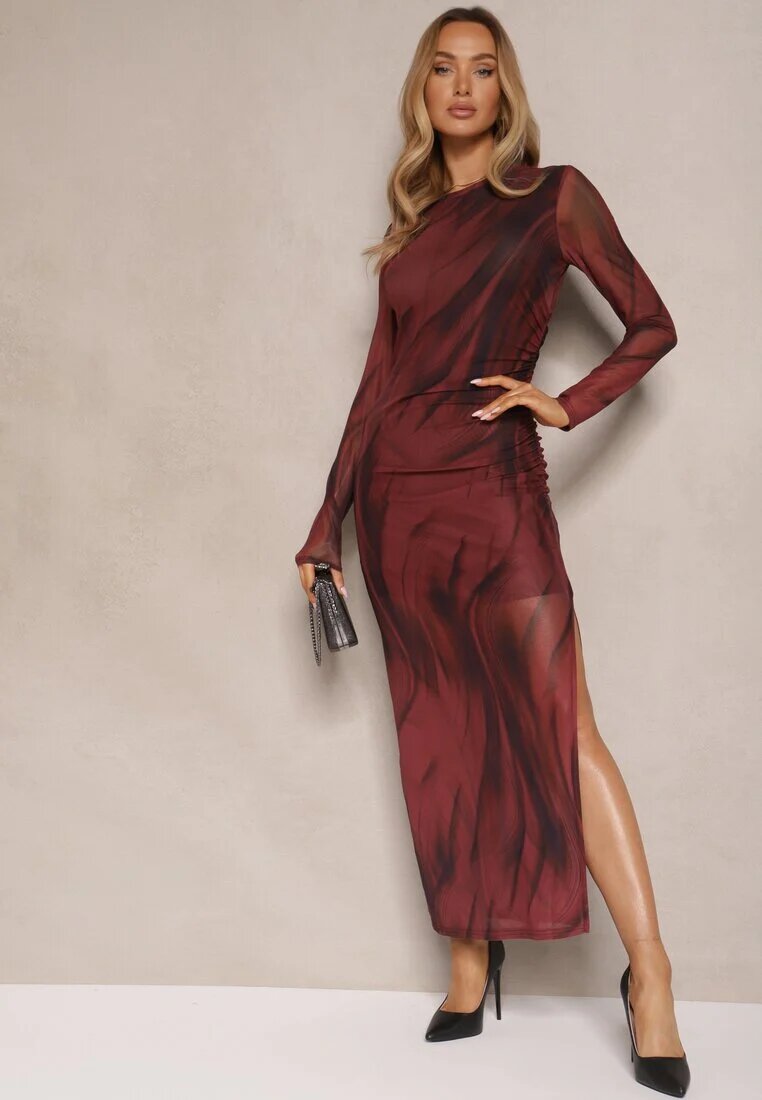 by swan Rochie Bordo Mulată din viscoză decorată cu drapaje din plasă Nalienne