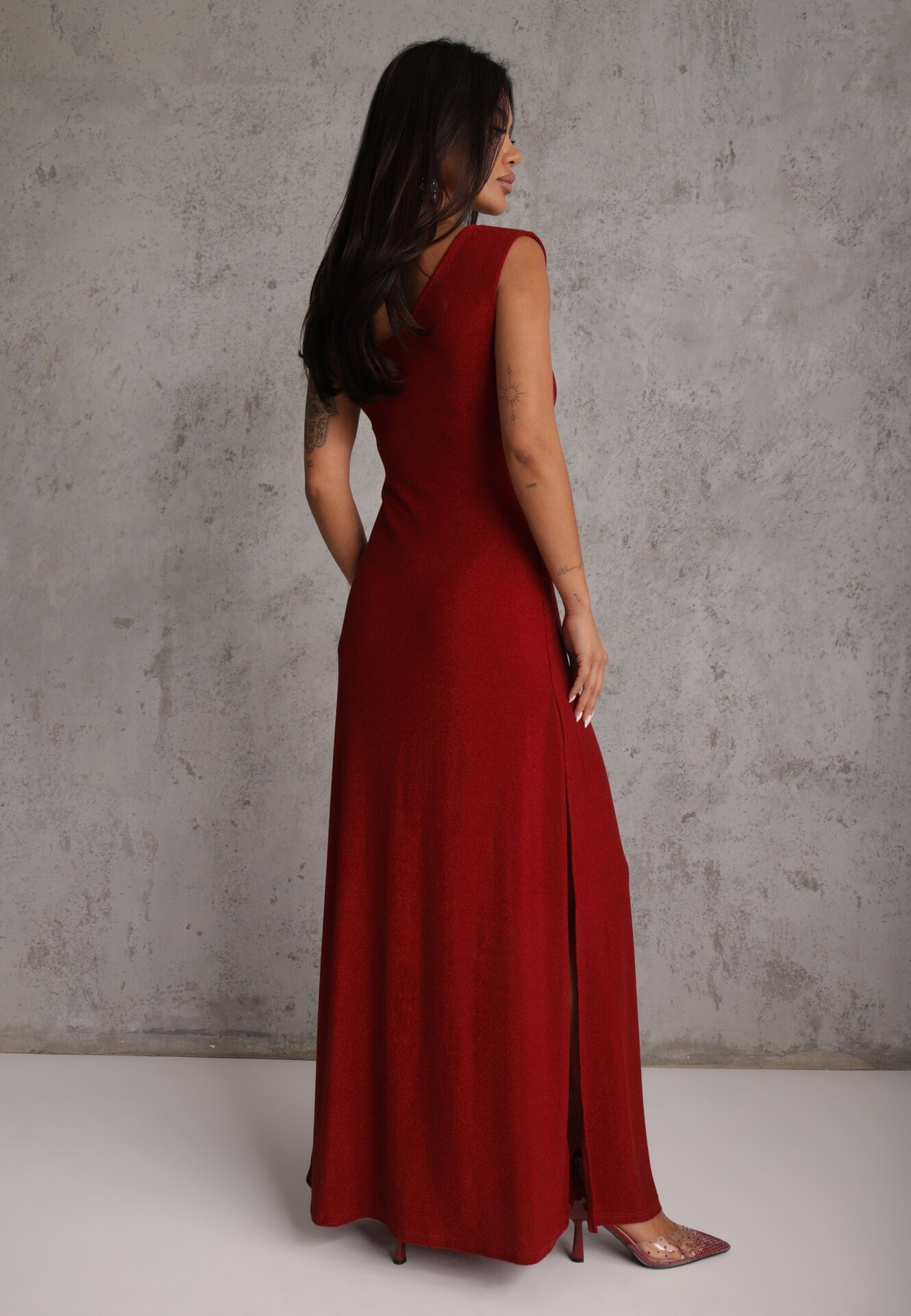 by swan Rochie brocată bordo maxi cu bust asimetric și fustă cloș Eulita
