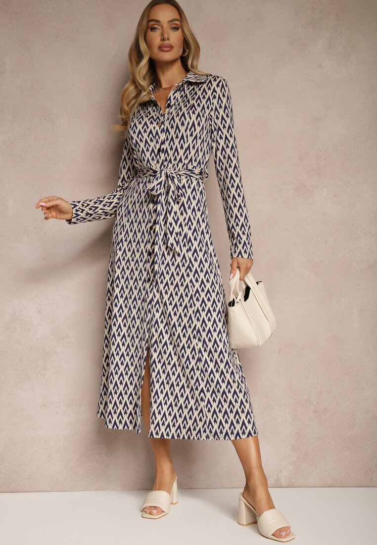 by swan Rochie cămașă Albastră cu Vâscoză cu Model Geometric și Curea Milseki