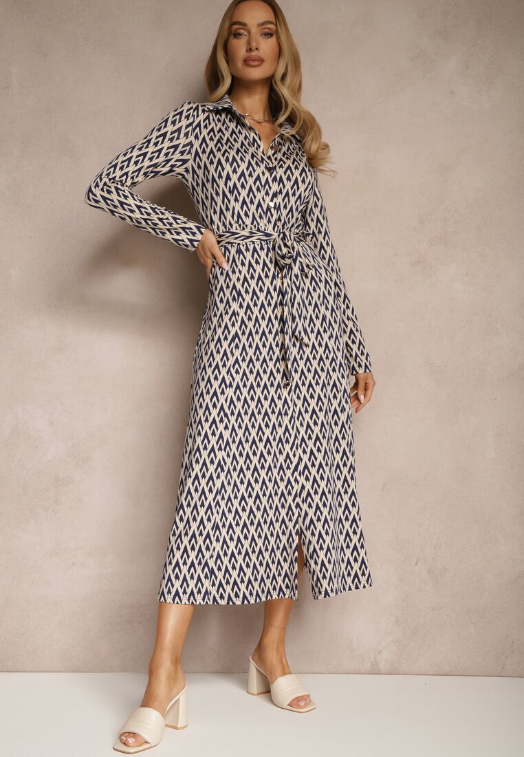 by swan Rochie cămașă Albastră cu Vâscoză cu Model Geometric și Curea Milseki