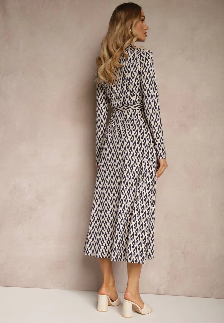 by swan Rochie cămașă Albastră cu Vâscoză cu Model Geometric și Curea Milseki