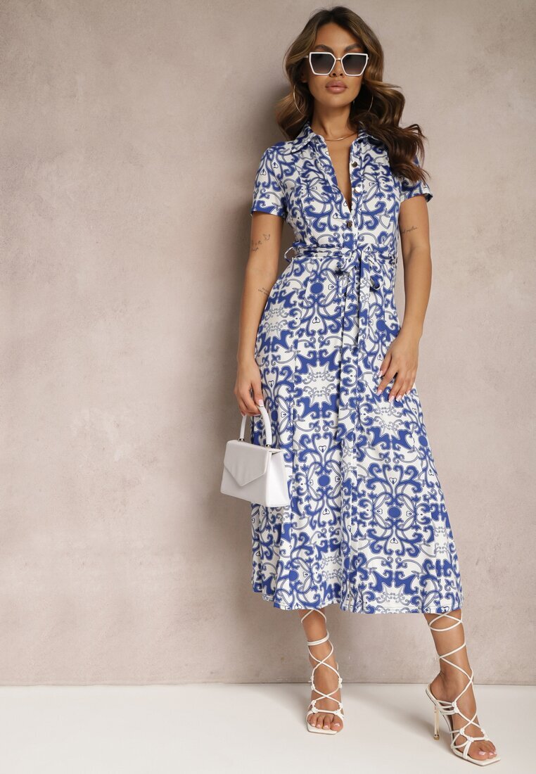 by swan Rochie Cămașă Midi Alb-Bleumarin cu Imprimeu Ornamental Legată în Talie Beala