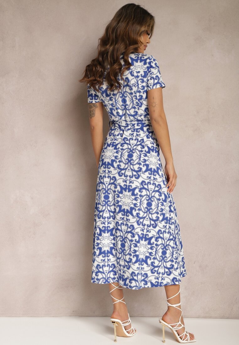 by swan Rochie Cămașă Midi Alb-Bleumarin cu Imprimeu Ornamental Legată în Talie Beala