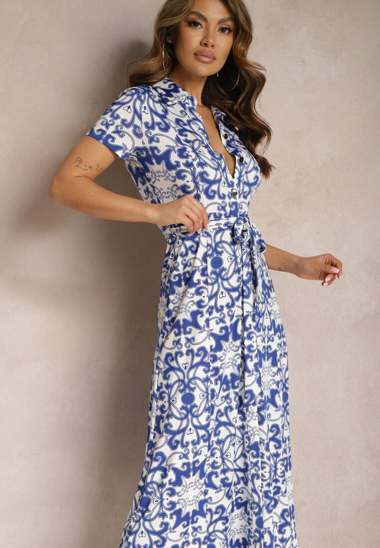 by swan Rochie Cămașă Midi Alb-Bleumarin cu Imprimeu Ornamental Legată în Talie Beala