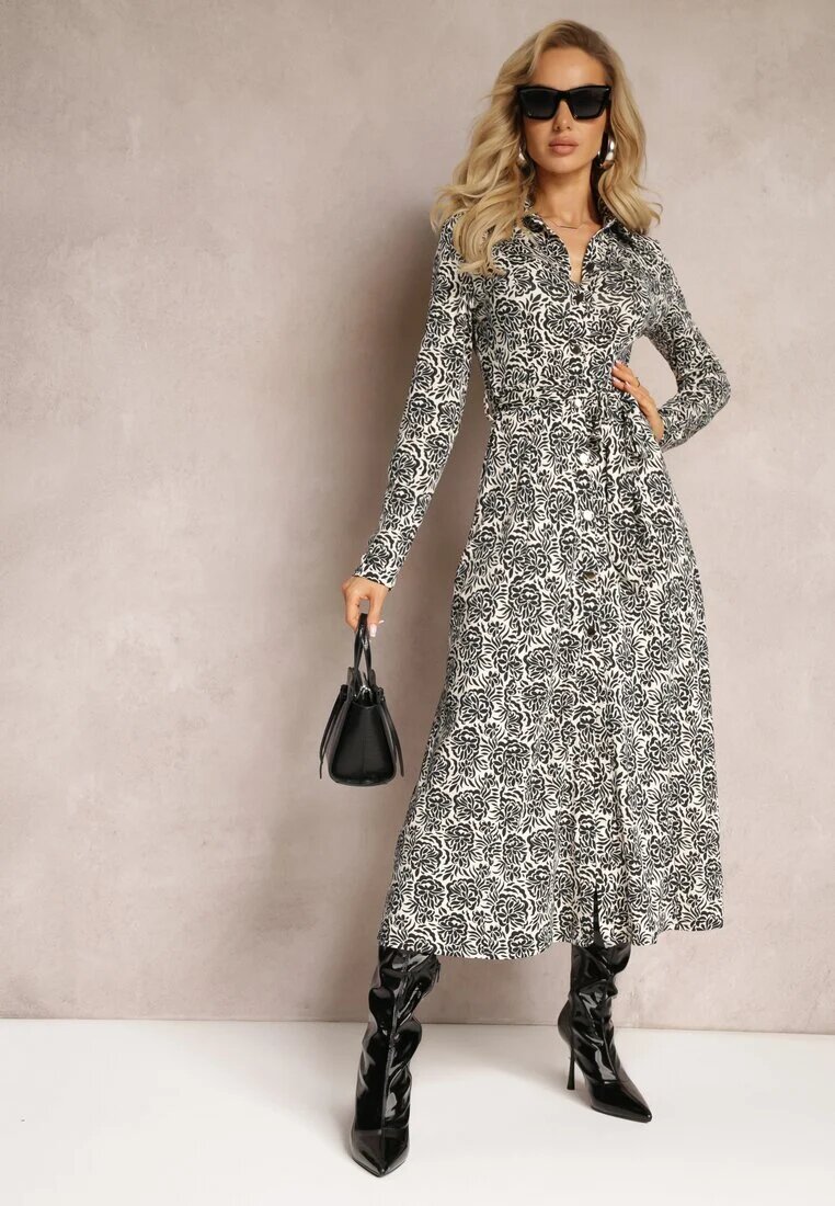 by swan Rochie Cămășă Neagră cu Model Ornamental Legată în Talie Hanname