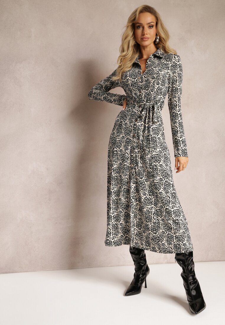 by swan Rochie Cămășă Neagră cu Model Ornamental Legată în Talie Hanname