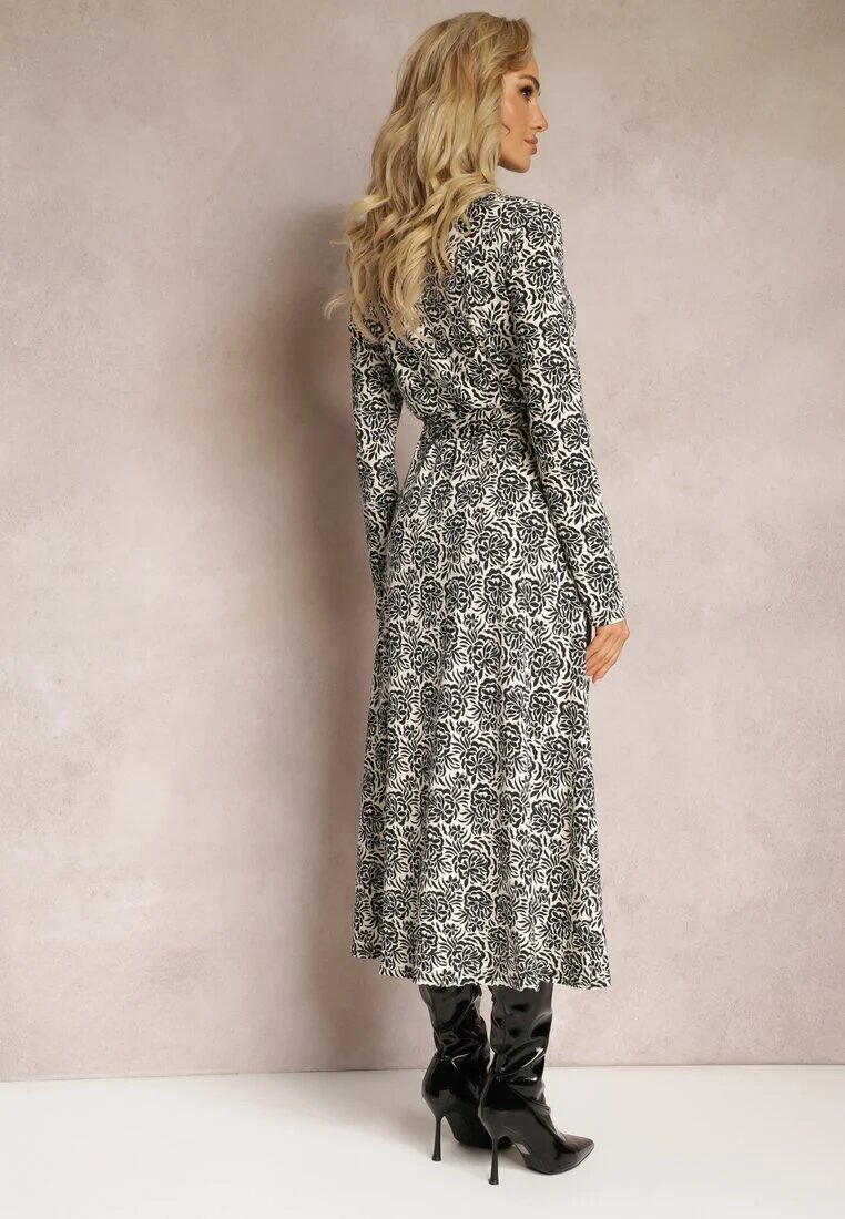 by swan Rochie Cămășă Neagră cu Model Ornamental Legată în Talie Hanname