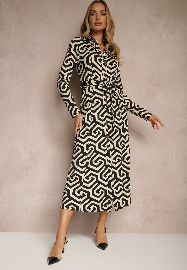 by swan Rochie Cămașă Negru cu Viscoză cu Model Geometric cu Cordon Erisviria