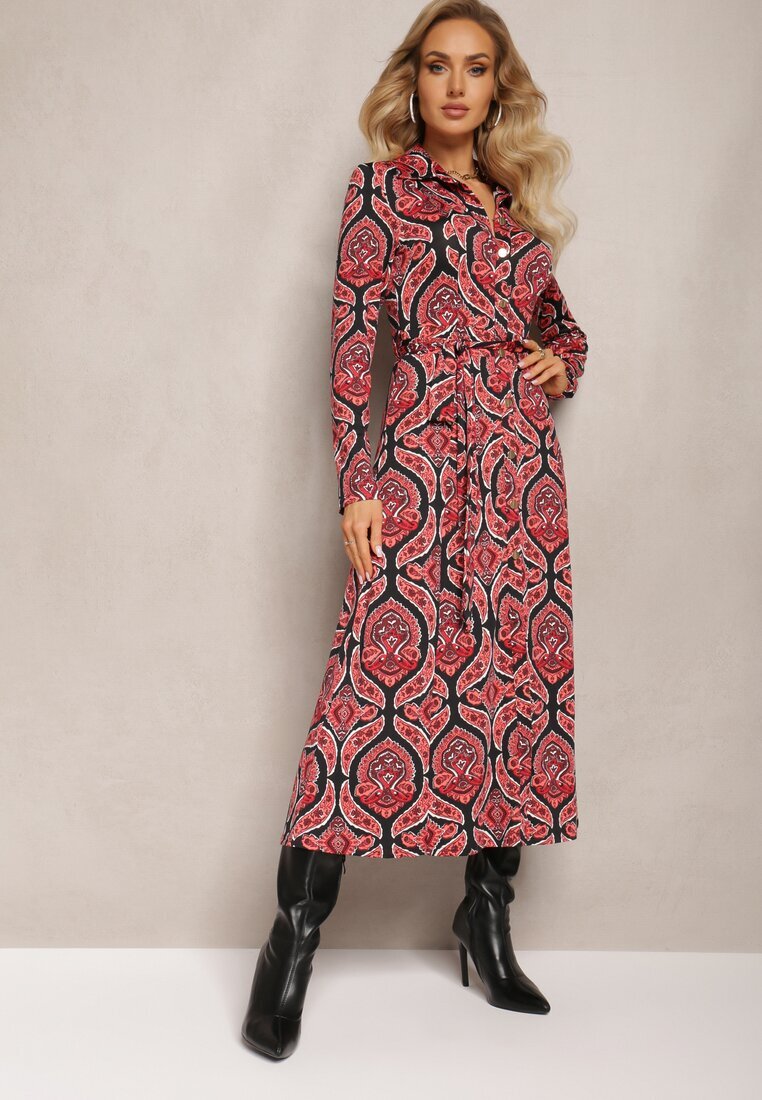 by swan Rochie Cămașă Roșie cu curea din material cu model Paisley Cevilia