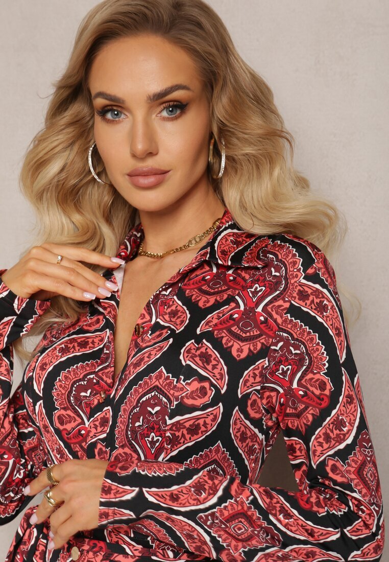 by swan Rochie Cămașă Roșie cu curea din material cu model Paisley Cevilia