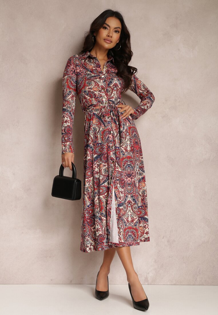 by swan Rochie Cămașă Roșie cu Mânecă Lungă și Brâu Legat Limiria